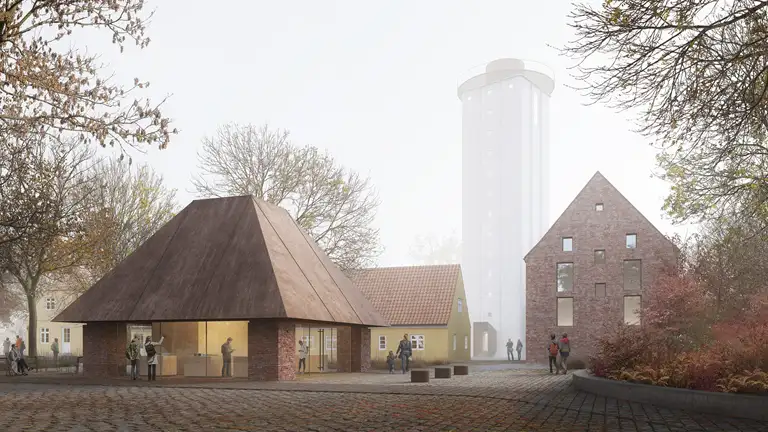 Visualisering af den nye ankomstbygning og det genopbyggede pakhus på Doverodde Købmandsgård, som i fremtiden skal huse SMK Thy.